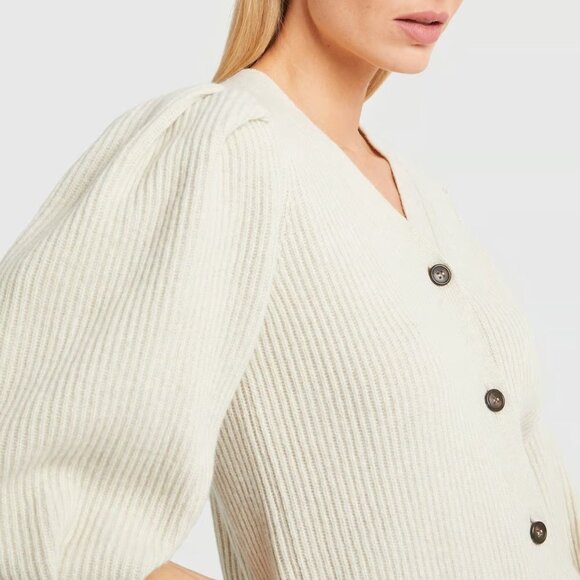 G. Label by GOOP Foster Ribbed Puff Sleeve Cardigan Sweater Ivory Merino Wool - Picture 3 of 11
